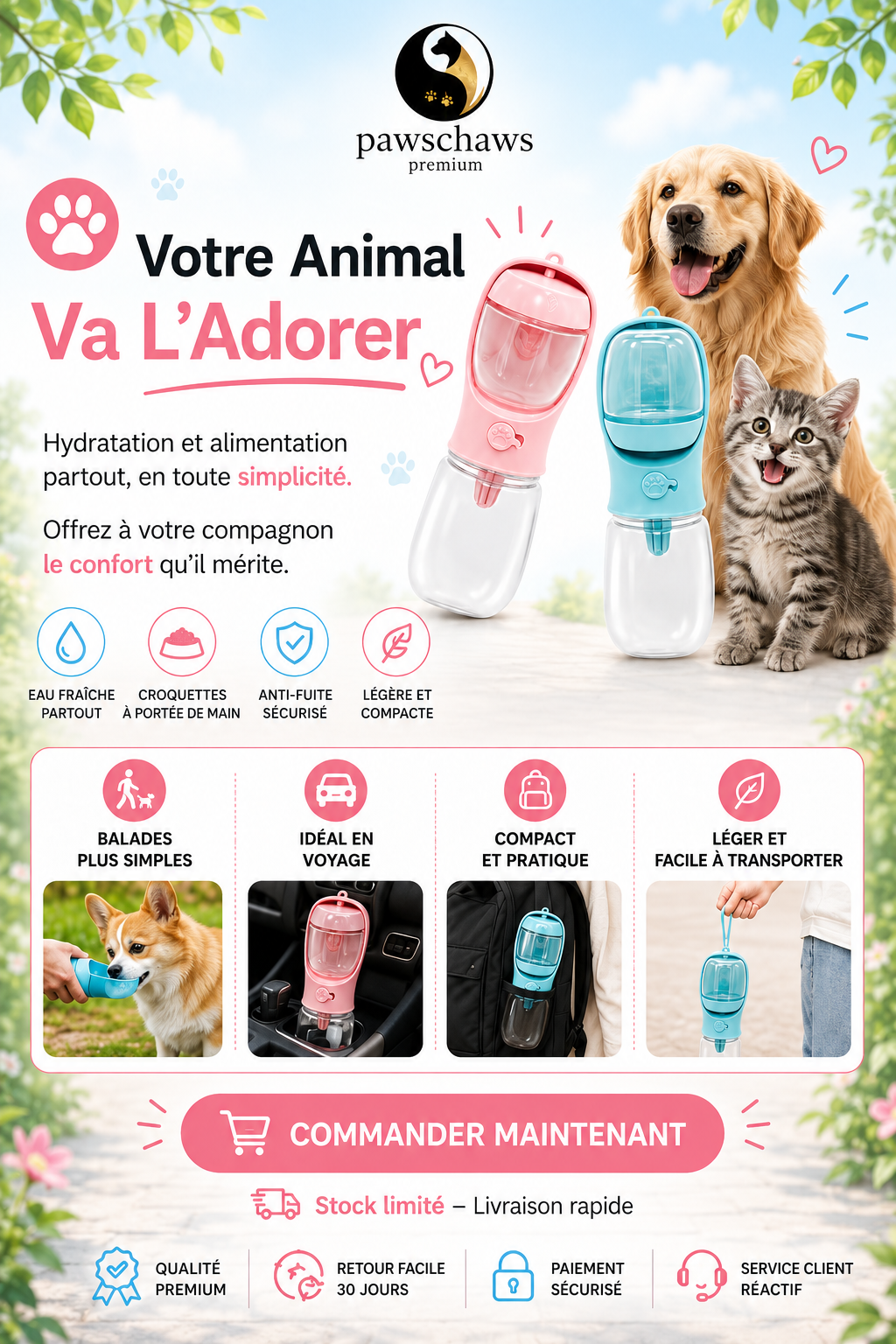 Disponible en plusieurs couleurs et capacités pour s'adapter à toutes vos aventures avec votre compagnon.