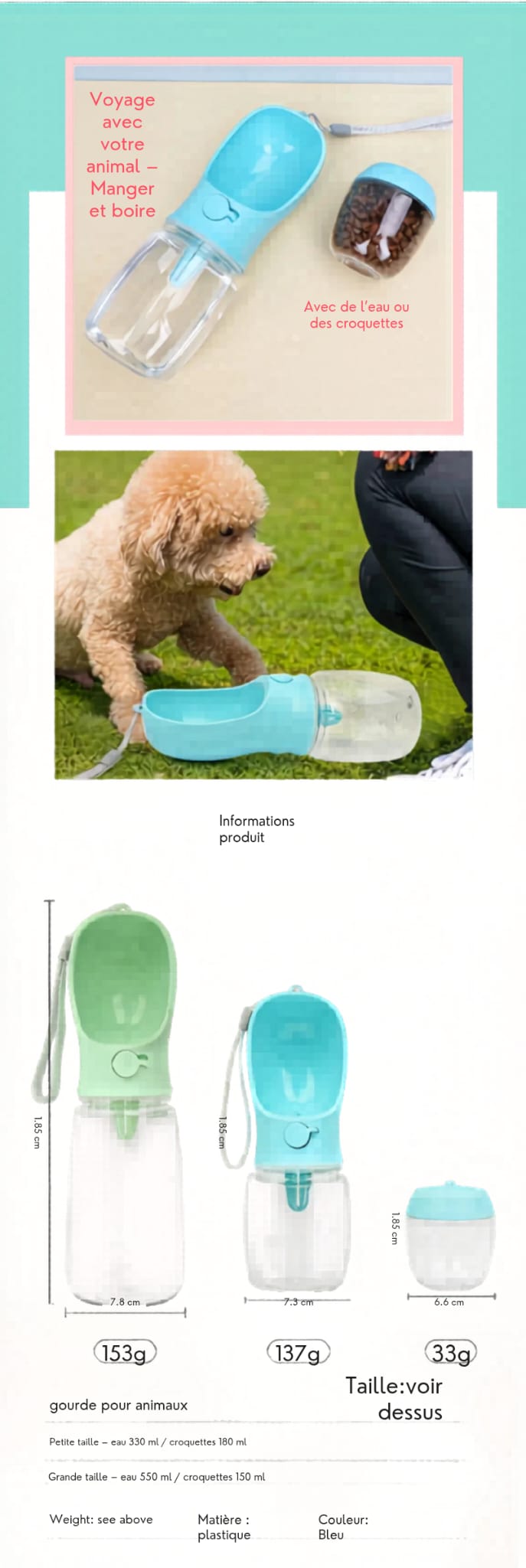 🐾 Bouteille Portable 2-en-1 pour Chien & Chat — Eau + Nourriture