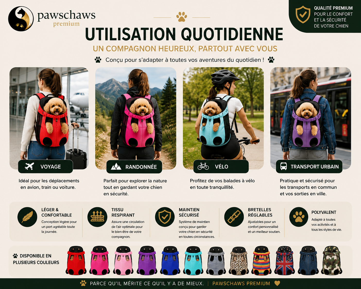 Exemples d'utilisation du sac à dos Pawschaws pour les promenades, randonnées et voyages