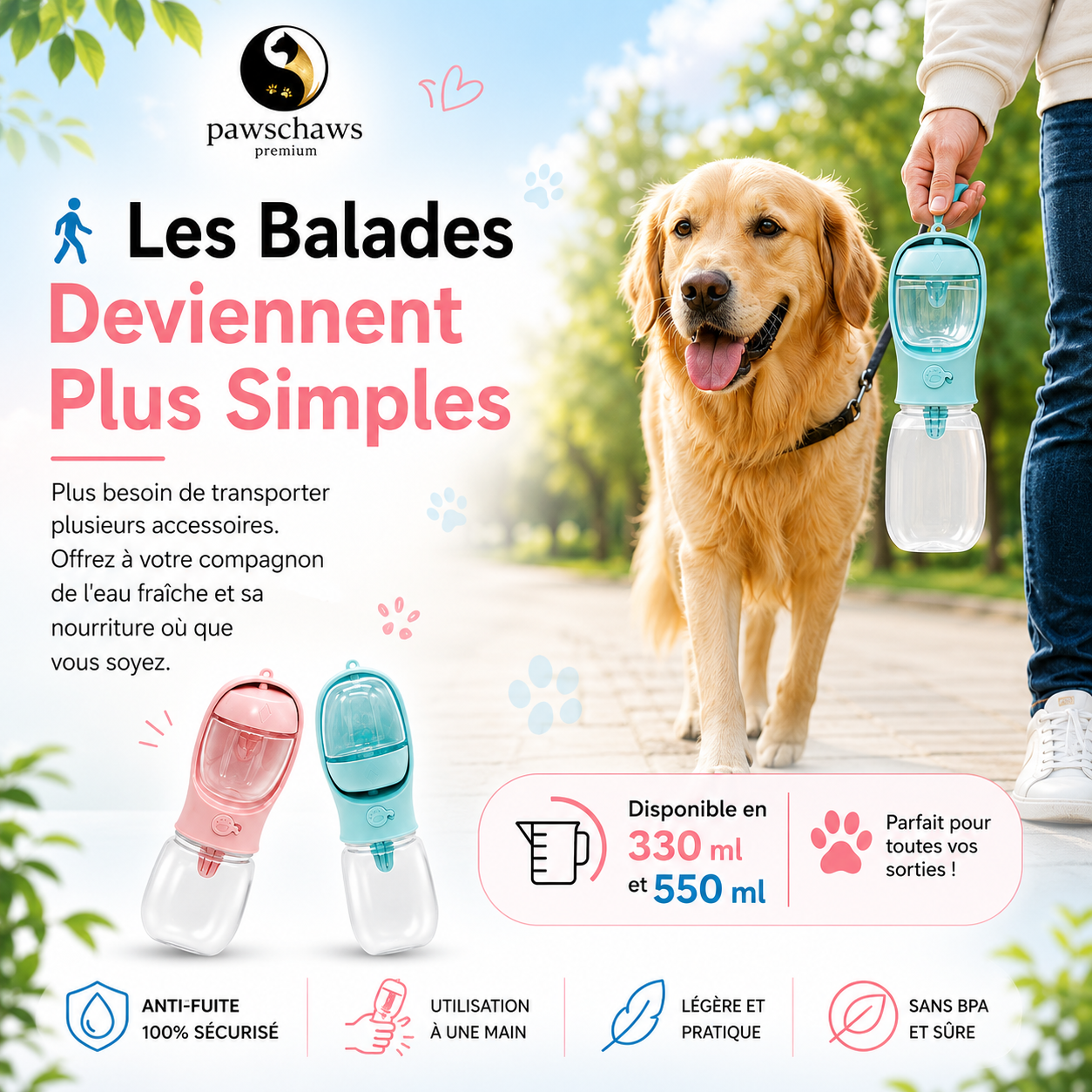 Gardez votre chien ou votre chat hydraté et nourri pendant vos promenades sans vous encombrer.