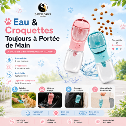 Une seule bouteille pour l'eau et les croquettes.

Plus pratique, plus légère et toujours prête pour accompagner votre compagnon partout.