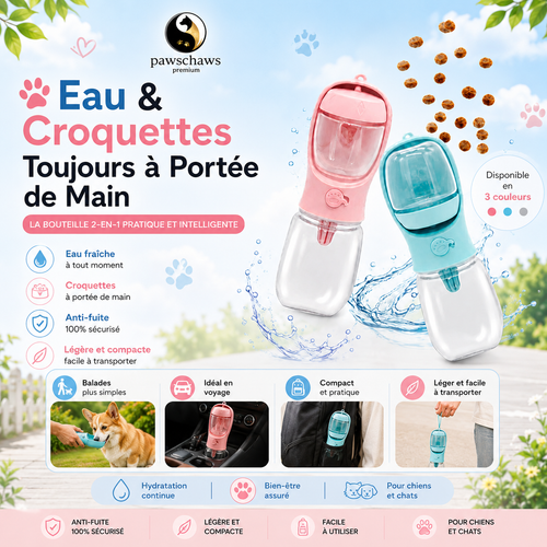 Une seule bouteille pour l'eau et les croquettes.

Plus pratique, plus légère et toujours prête pour accompagner votre compagnon partout.