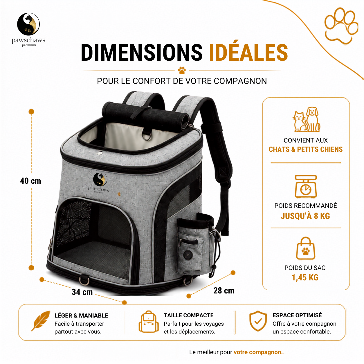 Poche latérale intégrée pour transporter bouteille d'eau, friandises et accessoires pour animaux.