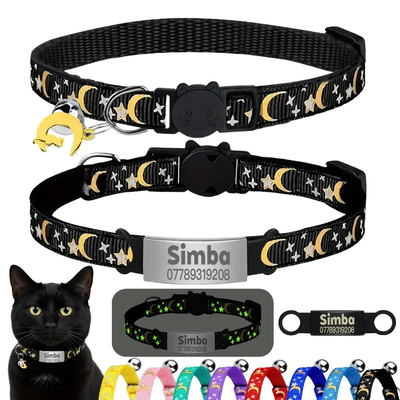 Collier Lumineux Personnalisé pour Chat, Gravure Gratuite, Collier Anti-perte pour Chiot et Chaton avec Plaque d'Identification, Clochette et Ornement Lune