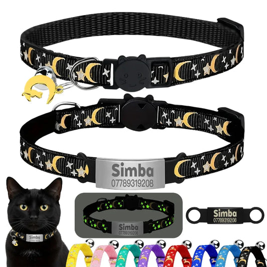 Collier Lumineux Personnalisé pour Chat, Gravure Gratuite, Collier Anti-perte pour Chiot et Chaton avec Plaque d'Identification, Clochette et Ornement Lune