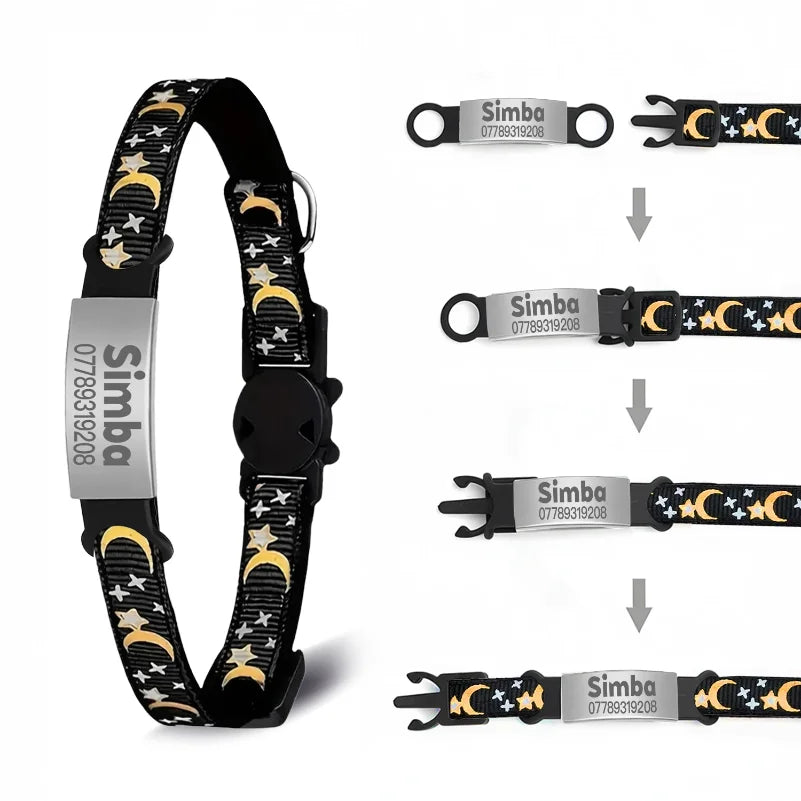 Collier Lumineux Personnalisé pour Chat, Gravure Gratuite, Collier Anti-perte pour Chiot et Chaton avec Plaque d'Identification, Clochette et Ornement Lune