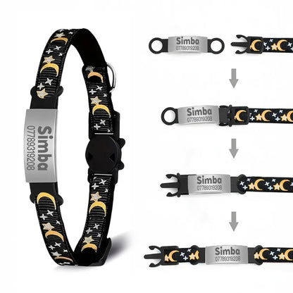 Collier Lumineux Personnalisé pour Chat, Gravure Gratuite, Collier Anti-perte pour Chiot et Chaton avec Plaque d'Identification, Clochette et Ornement Lune