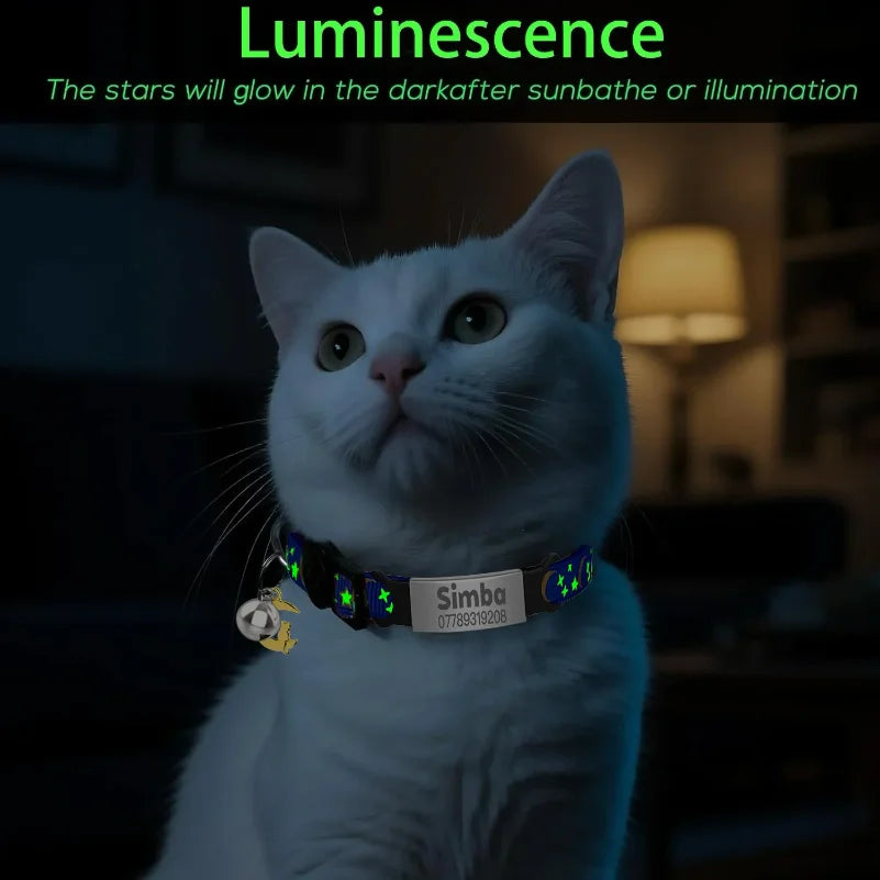Collier Lumineux Personnalisé pour Chat, Gravure Gratuite, Collier Anti-perte pour Chiot et Chaton avec Plaque d'Identification, Clochette et Ornement Lune