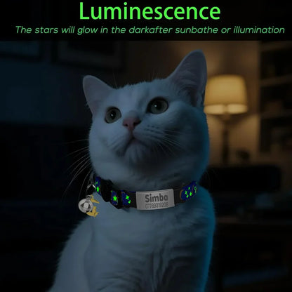 Collier Lumineux Personnalisé pour Chat, Gravure Gratuite, Collier Anti-perte pour Chiot et Chaton avec Plaque d'Identification, Clochette et Ornement Lune