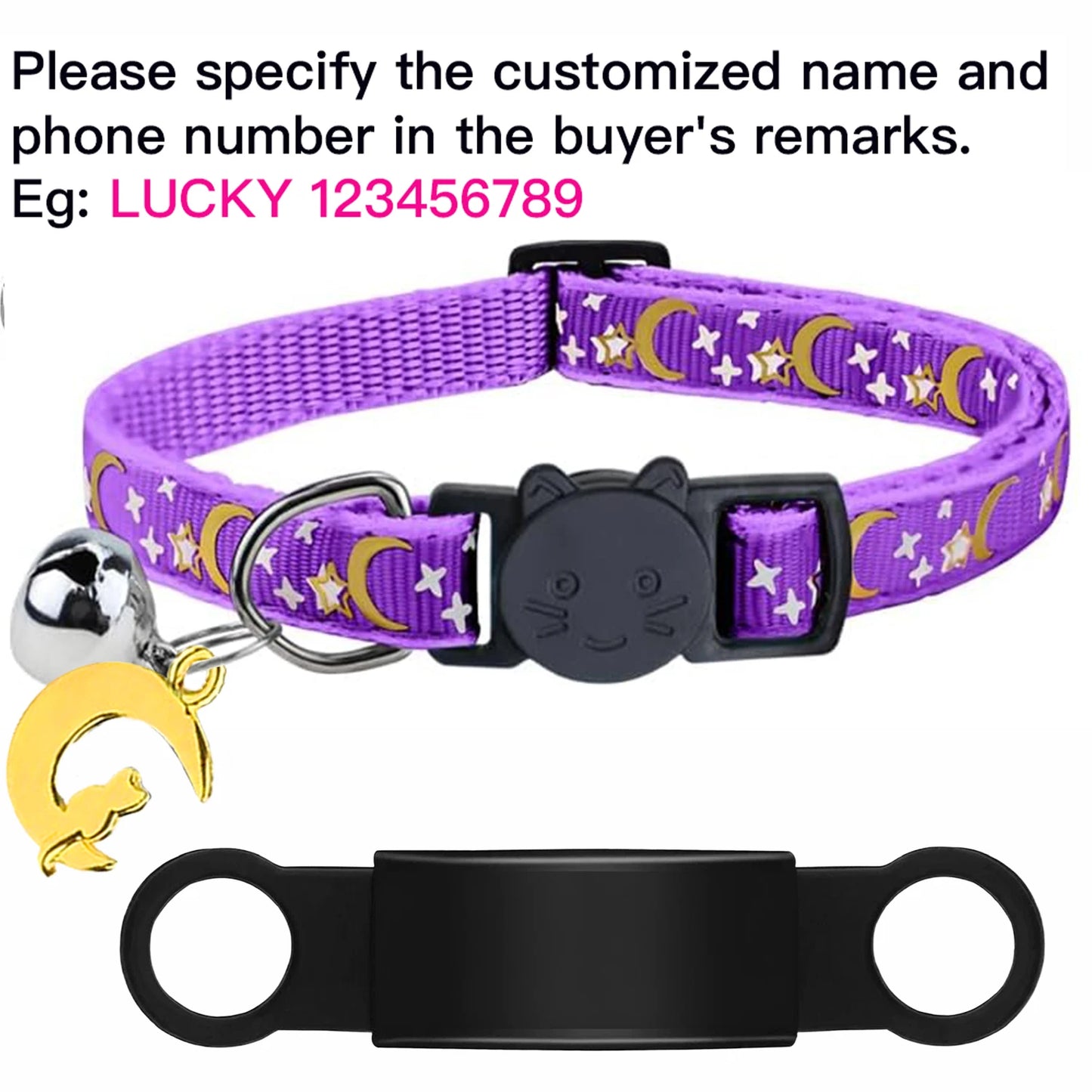 Collier Lumineux Personnalisé pour Chat, Gravure Gratuite, Collier Anti-perte pour Chiot et Chaton avec Plaque d'Identification, Clochette et Ornement Lune