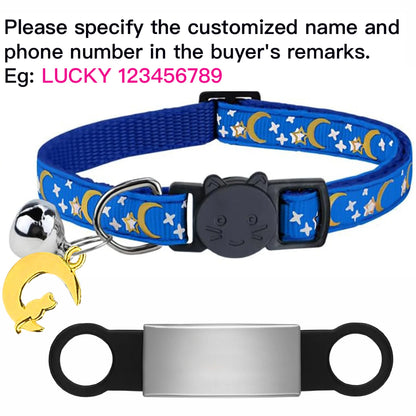 Collier Lumineux Personnalisé pour Chat, Gravure Gratuite, Collier Anti-perte pour Chiot et Chaton avec Plaque d'Identification, Clochette et Ornement Lune