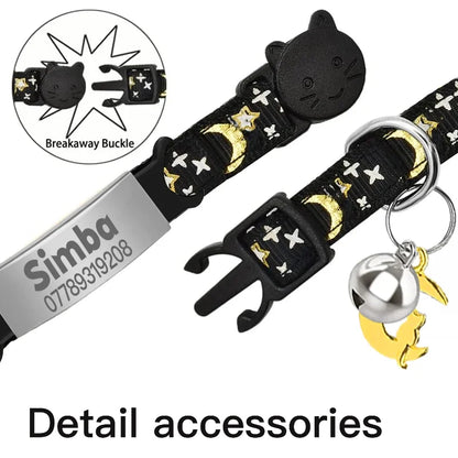 Collier Lumineux Personnalisé pour Chat, Gravure Gratuite, Collier Anti-perte pour Chiot et Chaton avec Plaque d'Identification, Clochette et Ornement Lune