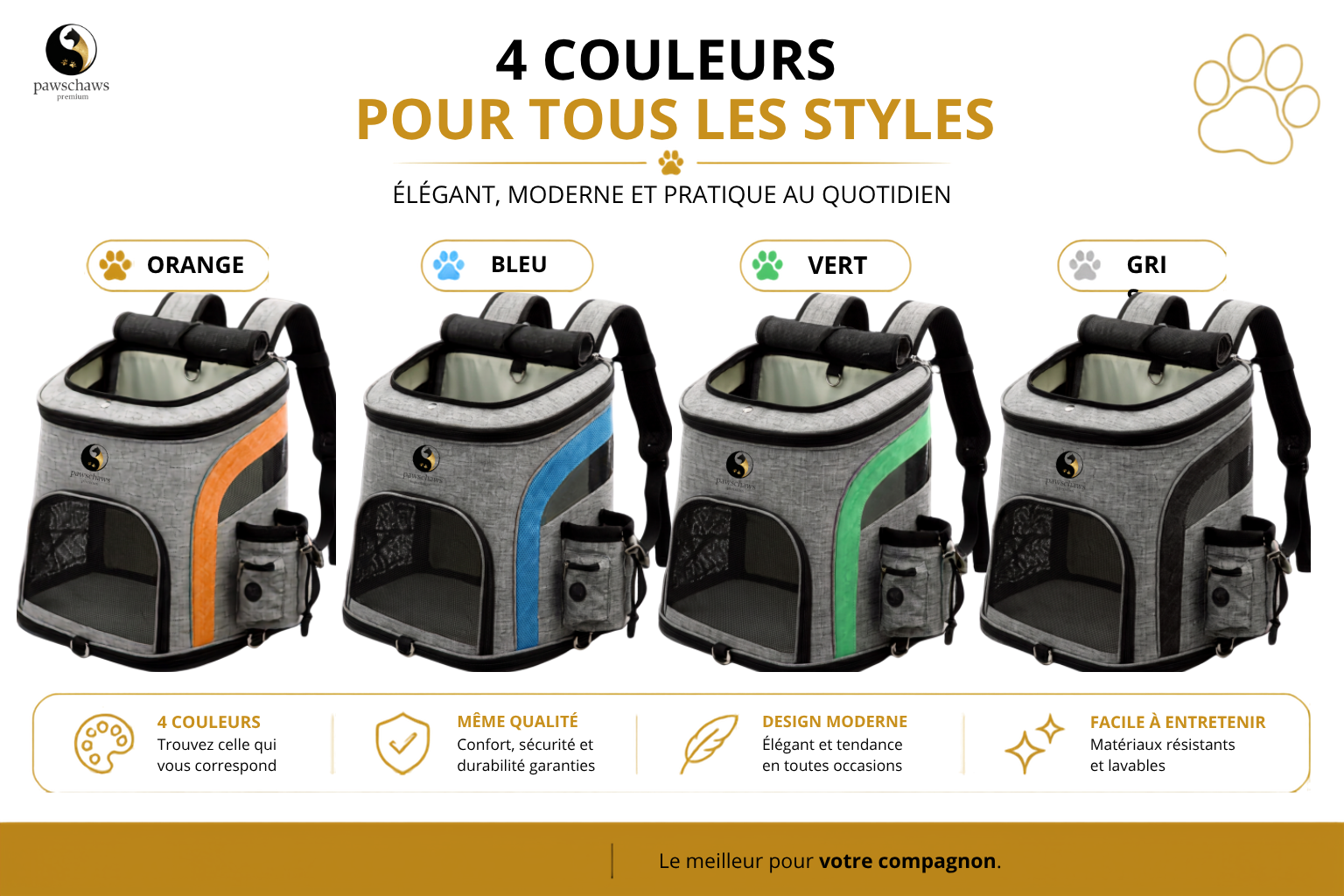 Sac à dos de transport Pawschaws Premium disponible en 4 couleurs : orange, bleu, vert et gris pour chats et petits chiens