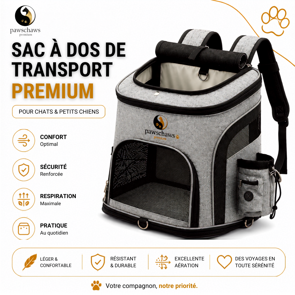 Sac à dos de transport Pawschaws Premium pour chat et petit chien avec ventilation optimale, sécurité renforcée et confort maximal.