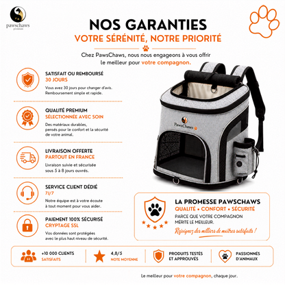 Sac à dos de transport Pawschaws Premium idéal pour les voyages, les promenades et les visites chez le vétérinaire pour chats et petits chiens jusqu'à 8 kg.