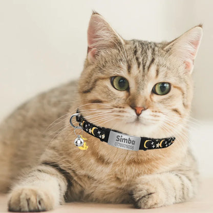 Collier Lumineux Personnalisé pour Chat, Gravure Gratuite, Collier Anti-perte pour Chiot et Chaton avec Plaque d'Identification, Clochette et Ornement Lune