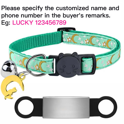 Collier Lumineux Personnalisé pour Chat, Gravure Gratuite, Collier Anti-perte pour Chiot et Chaton avec Plaque d'Identification, Clochette et Ornement Lune