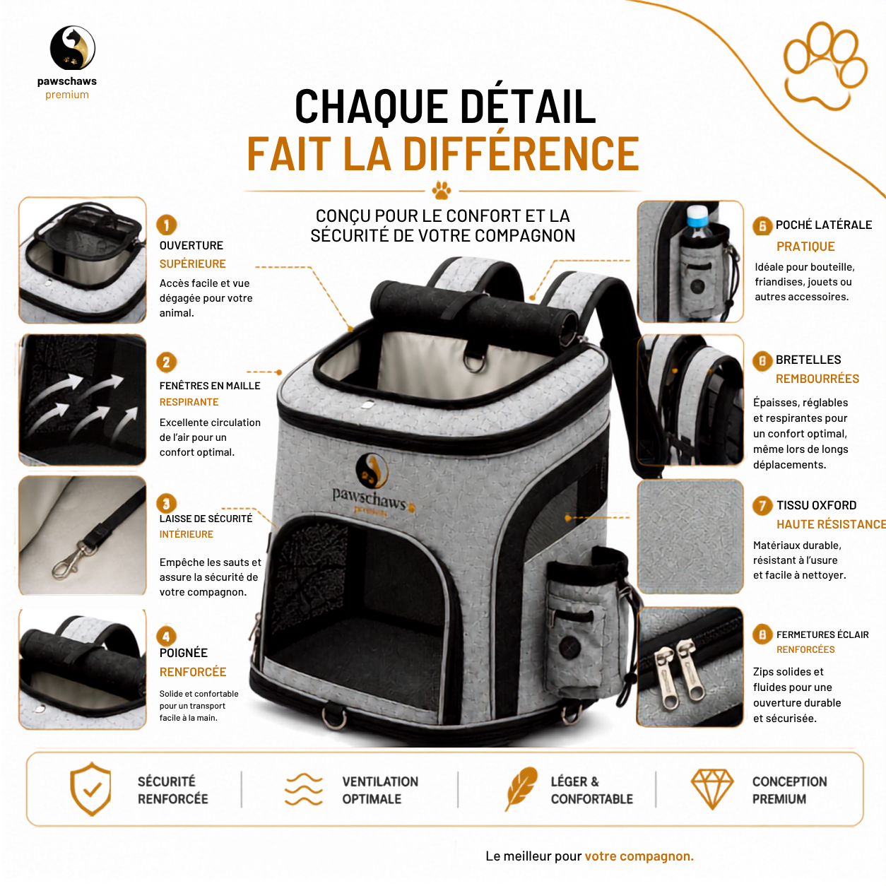 Sac à dos Pawschaws Premium équipé d'une laisse de sécurité intérieure pour maintenir votre animal en toute sécurité.