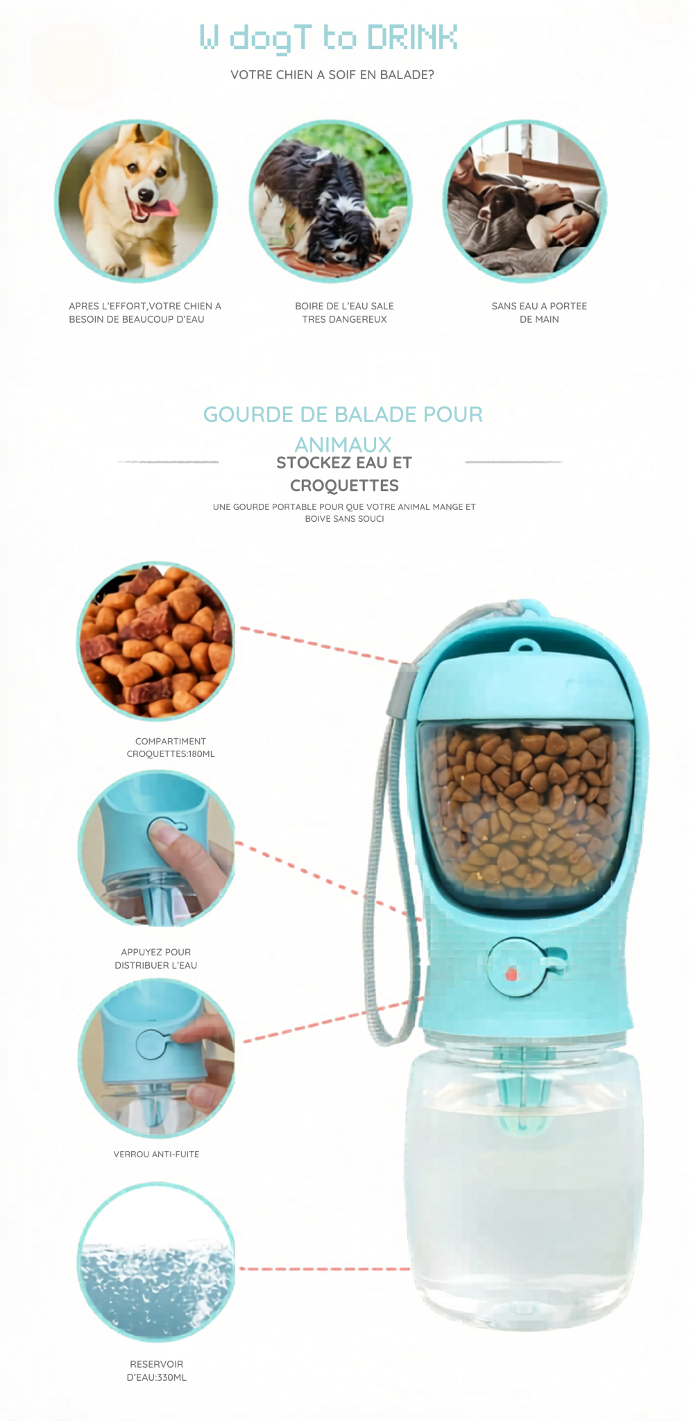 🐾 Bouteille Portable 2-en-1 pour Chien &amp; Chat — Eau + Nourriture