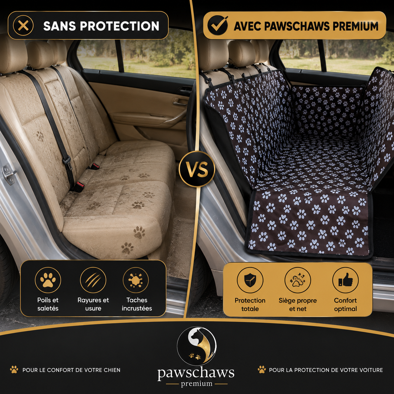 Comparaison avant et après utilisation de la housse voiture Pawschaws Premium montrant une banquette protégée contre les poils, boue et traces de pattes.