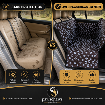 Comparaison avant et après utilisation de la housse voiture Pawschaws Premium montrant une banquette protégée contre les poils, boue et traces de pattes.