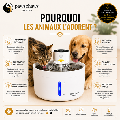 Avantages de la fontaine à eau PawsChaws : hydratation optimale, eau fraîche en continu, filtration avancée et fonctionnement silencieux.