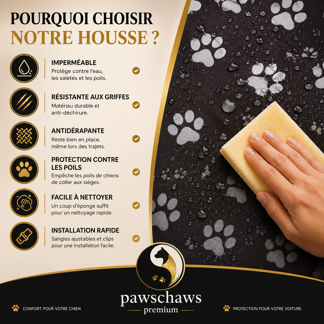 Housse de protection voiture Pawschaws Premium imperméable, résistante aux griffes, antidérapante, facile à nettoyer et protégeant contre les poils d’animaux.
