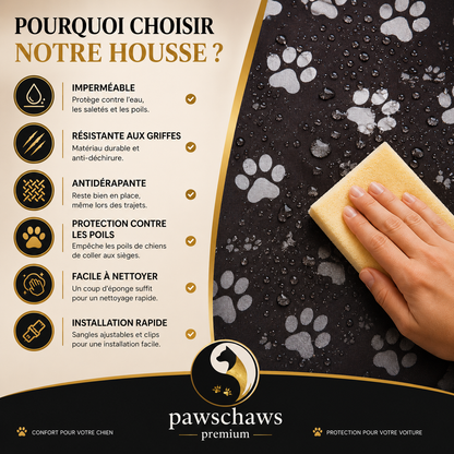 Housse de protection voiture Pawschaws Premium imperméable, résistante aux griffes, antidérapante, facile à nettoyer et protégeant contre les poils d’animaux.