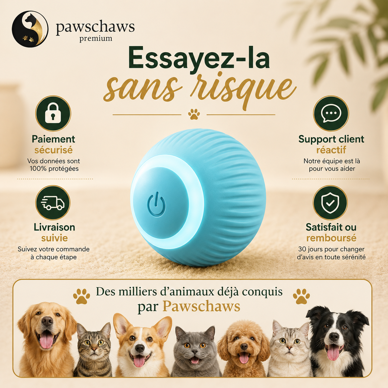 Guide de chargement USB Type-C de la balle interactive pour animaux.