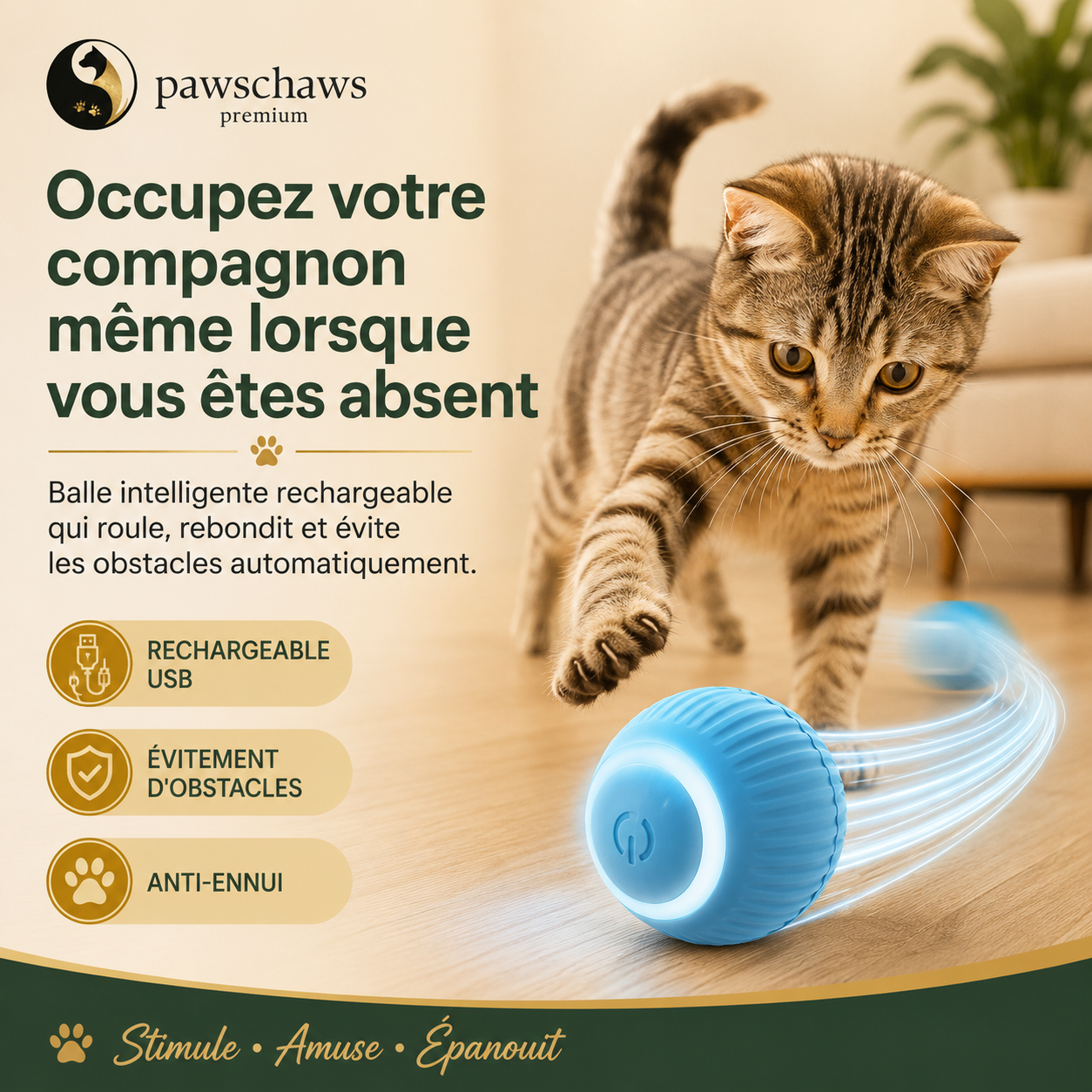 Balle interactive automatique pour chat attirant l’attention avec mouvements intelligents.