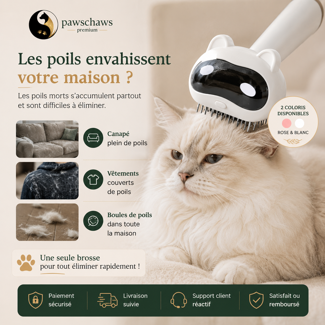 Brosse pour animaux aidant à réduire la perte de poils chez les chats et chiens.