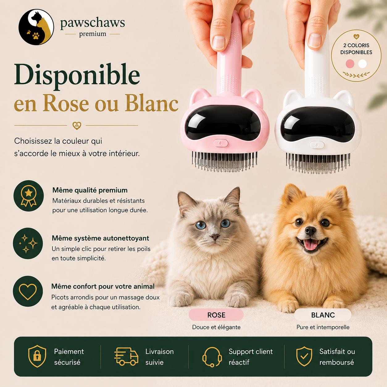 Brosse de toilettage avec picots doux conçus pour le confort des chats et chiens.