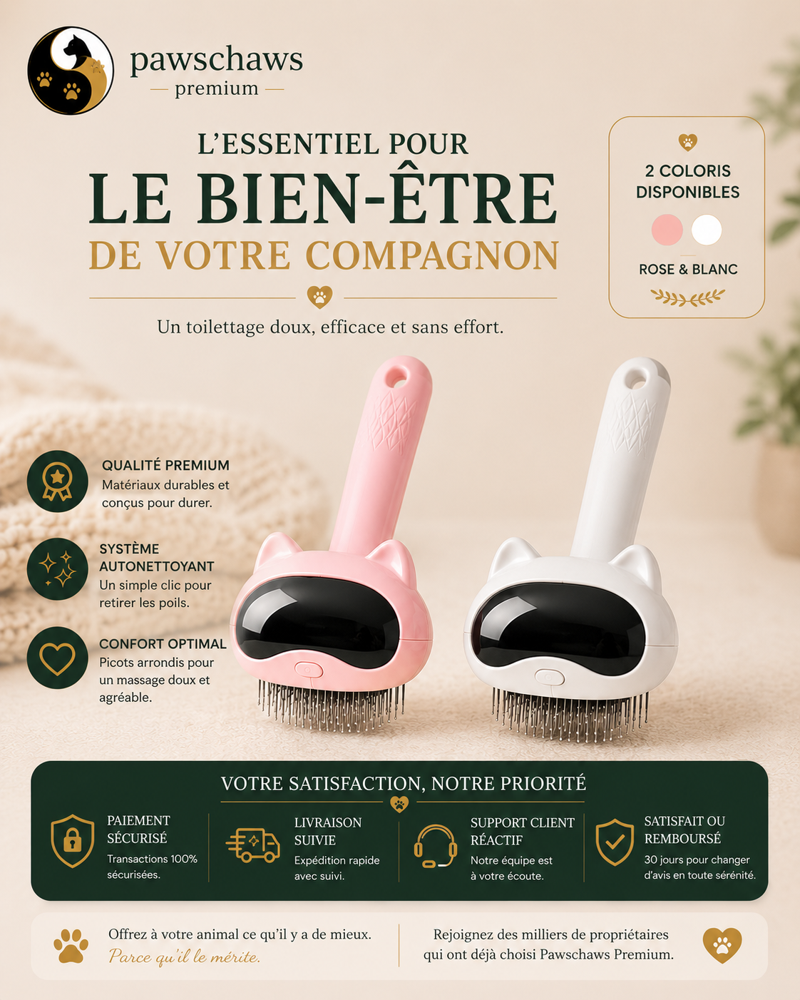 Brosse de toilettage adaptée aux chats et chiens de toutes tailles et types de pelage.