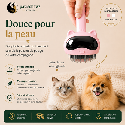 Brosse de toilettage pour animaux accompagnée de garanties de paiement sécurisé et satisfaction client.