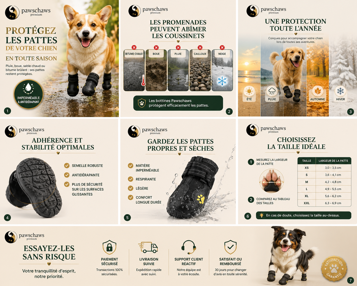 Présentation des caractéristiques premium des chaussures Pawschaws pour chien avec semelle antidérapante et maintien sécurisé.