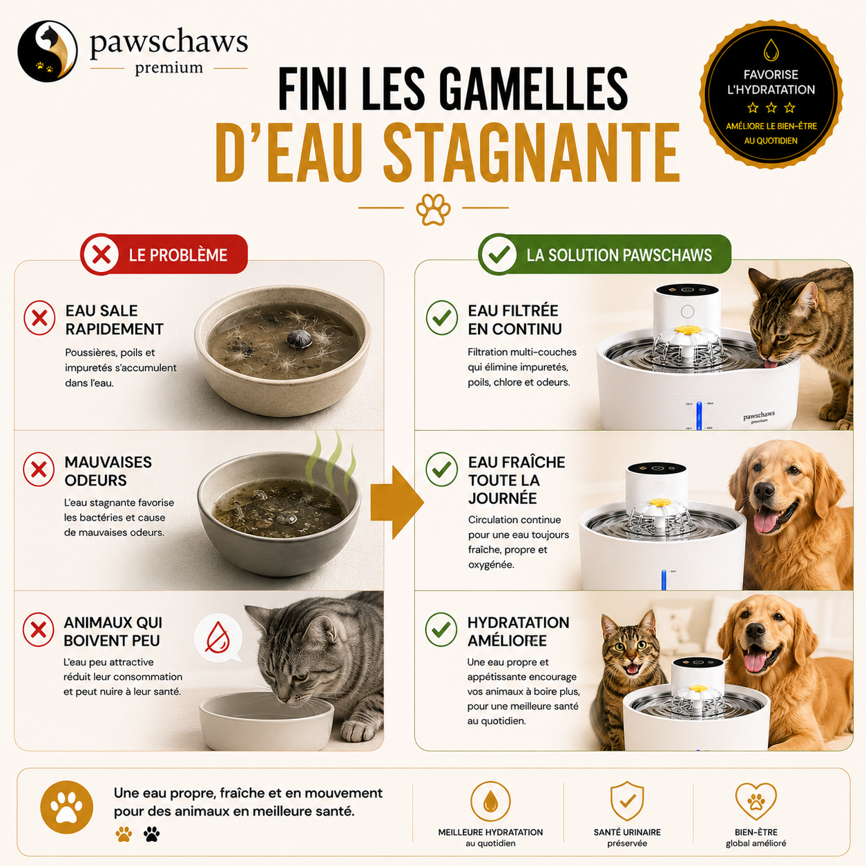 Comparatif entre une gamelle d'eau classique et la fontaine à eau filtrée PawsChaws pour une meilleure hydratation.