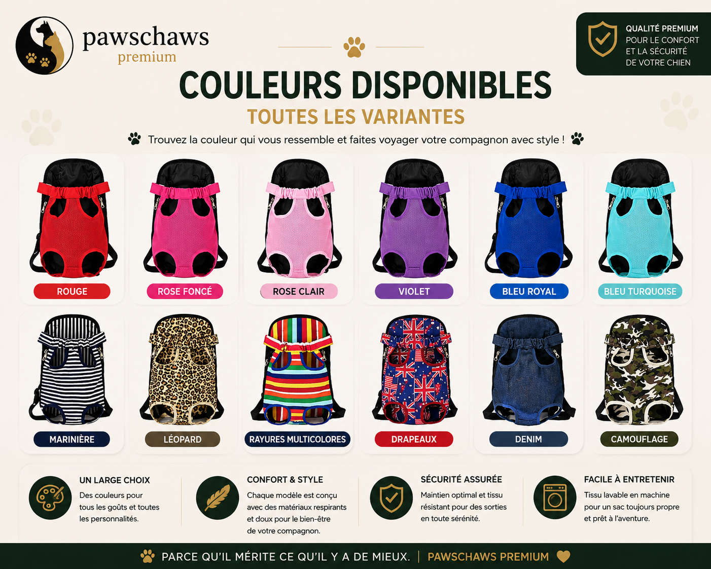 Différentes couleurs disponibles pour le sac à dos de transport Pawschaws pour chiens et chats