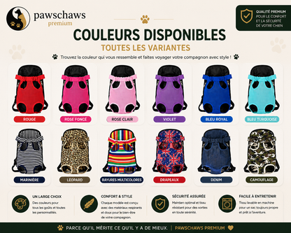 Différentes couleurs disponibles pour le sac à dos de transport Pawschaws pour chiens et chats