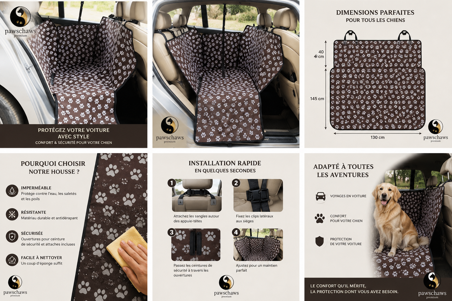Détails de conception de la housse voiture Pawschaws Premium avec tissu imperméable, coutures renforcées, attaches de sécurité et protections latérales.