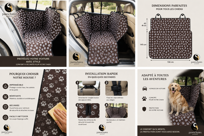 Détails de conception de la housse voiture Pawschaws Premium avec tissu imperméable, coutures renforcées, attaches de sécurité et protections latérales.