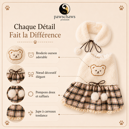 Détails de la robe Pawschaws Premium pour chien avec broderie ourson, nœud décoratif, pompons doux et jupe à carreaux tendance.