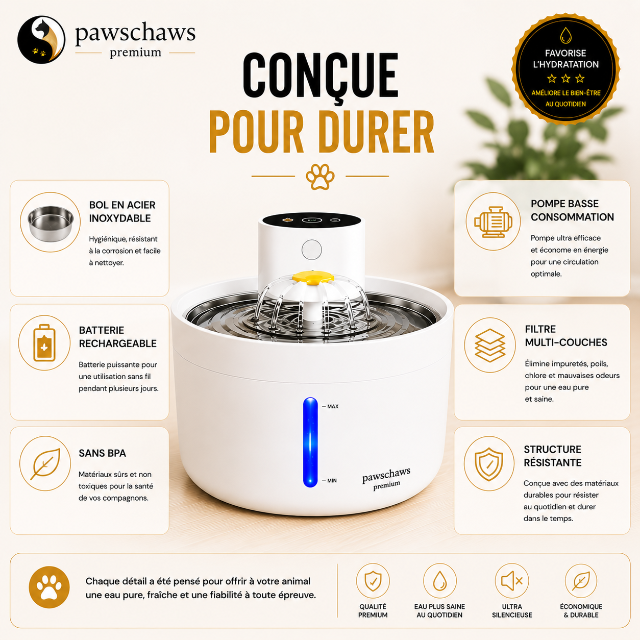 Fontaine à eau intelligente PawsChaws avec bol en acier inoxydable, batterie rechargeable, filtre multicouche et matériaux sans BPA.