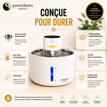 Fontaine à eau intelligente PawsChaws avec bol en acier inoxydable, batterie rechargeable, filtre multicouche et matériaux sans BPA.