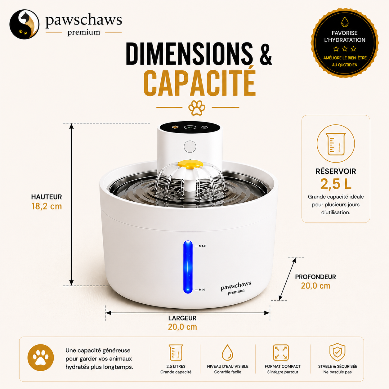 Dimensions et capacité de la fontaine à eau PawsChaws avec réservoir de 2,5 litres pour chats et chiens.