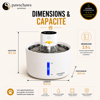 Dimensions et capacité de la fontaine à eau PawsChaws avec réservoir de 2,5 litres pour chats et chiens.