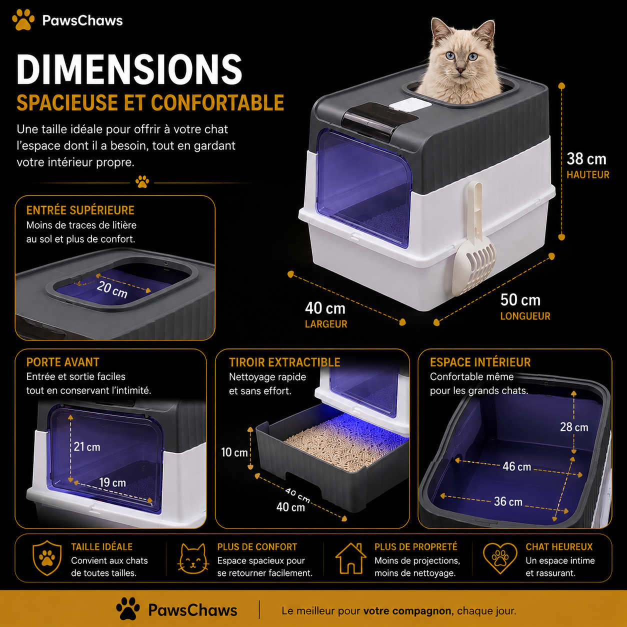 Dimensions de la litière fermée pour chat 50 x 40 x 38 cm