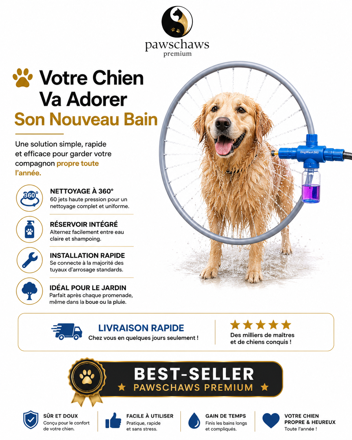 DogWash 360 pour bain rapide et efficace des chiens.