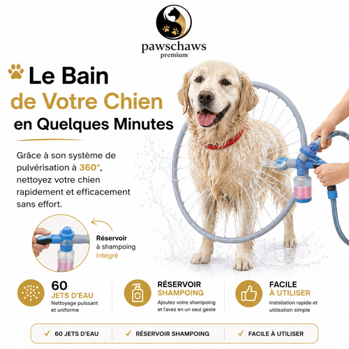 Douche 360 degrés pour chien avec pulvérisation complète.