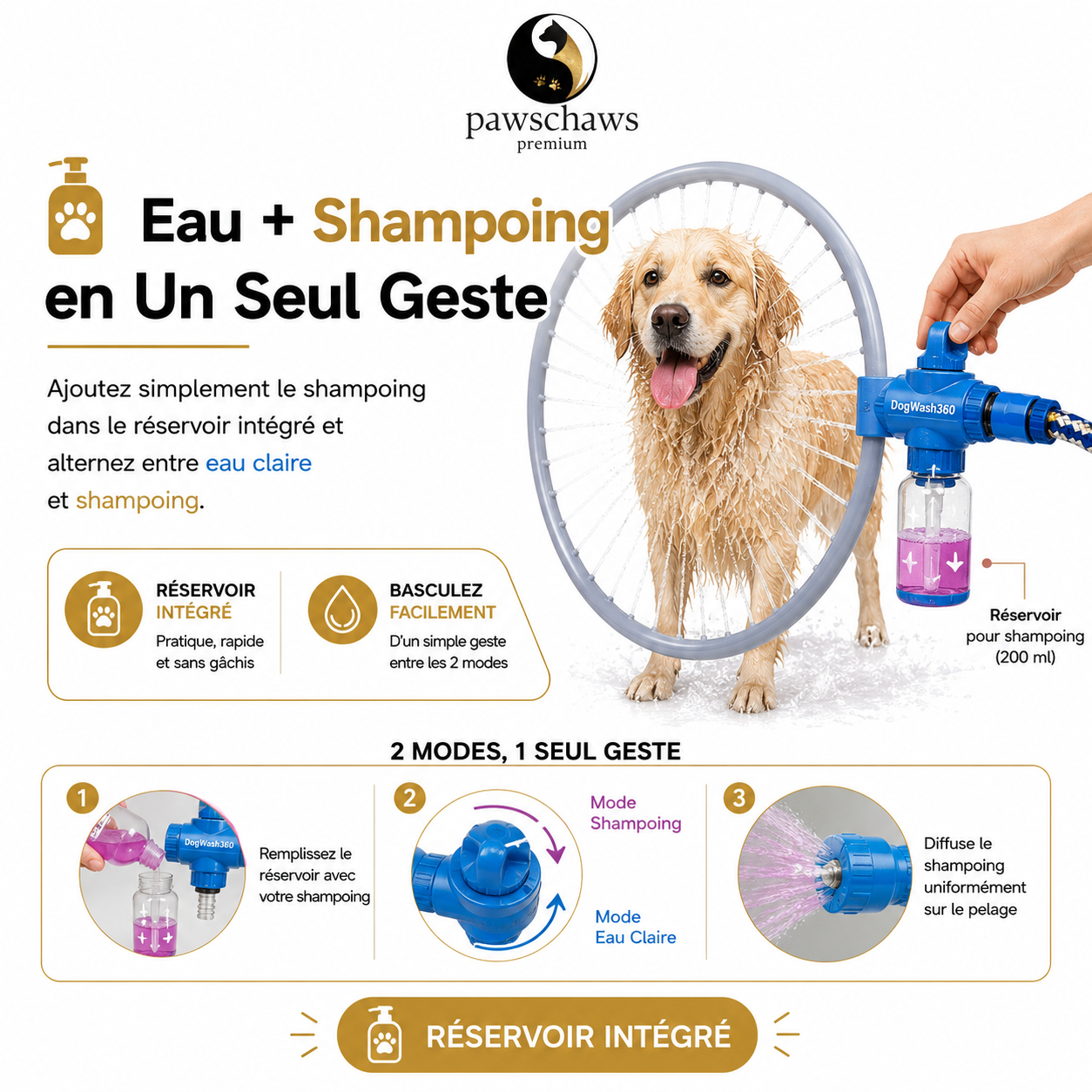 Douche pour chien avec réservoir de shampoing intégré.