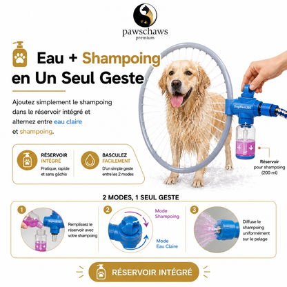 Douche pour chien avec réservoir de shampoing intégré.